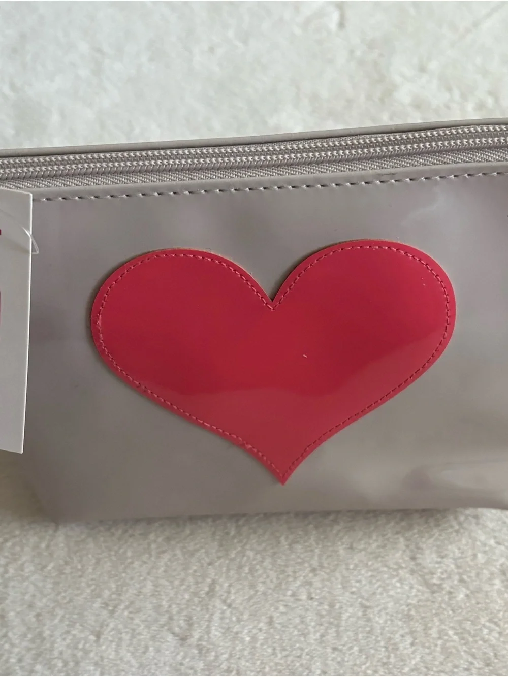Taupe Cosmetic Pouch with Red Heart Accent
